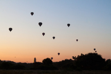 Silhouettes of hot air balloons in Bagan, Myanmar