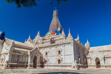 Ananda temple in Bagan, Myanmar. The temple is partially covered by scaffolding, as it was damaged by 2016 earthquake.