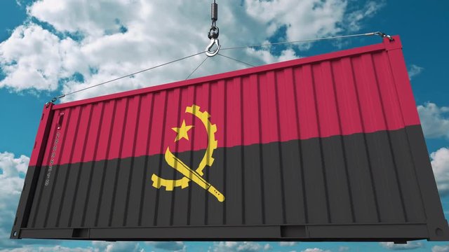 Cargo container with flag of Angola. Angolan import or export related conceptual 3D animation