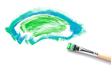 Abstraction for the background, a drawing with colorful paints and a brush on a white isolated background