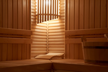 Fototapeta na wymiar Wooden Sauna, wet area, steam, recreation zone