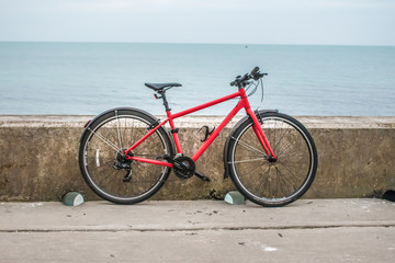 Fototapeta premium Bicycle on it's own, leaning against a wall with ocean background