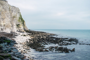 Fototapeta na wymiar White cliffs and blue sea at Saltdean in Sussex, Britain