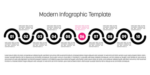 10 step process modern infographic diagram. Graph template of circles and waves. Business concept of 10 steps or options. Modern design vector element in black with pink highlighted step.