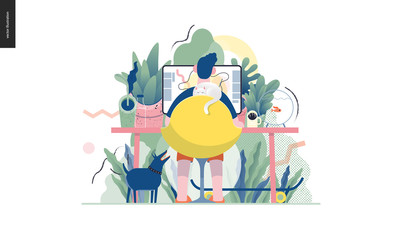 Obraz na płótnie Canvas Technology 1 -Home Office - modern flat vector concept digital illustration home office metaphor, a freelancer guy working at home with pets and plants. Creative landing web page design template