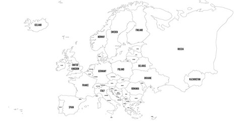 Vector outline map of Europe. Simplified vector map made of black state contours on white background with black Europe countries labels.