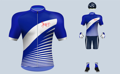 3D realistic of front of blue gradient cycling jersey t shirt with pants and helmet on shop backdrop. Concept for fashion of cyclist uniform or apparel mockup template in vector illustration