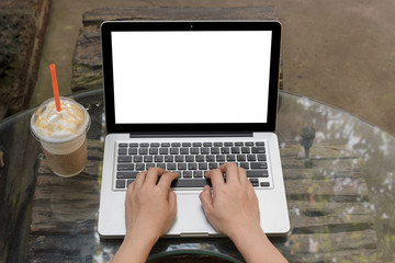 asian woman using labtop at outdoor Garden.