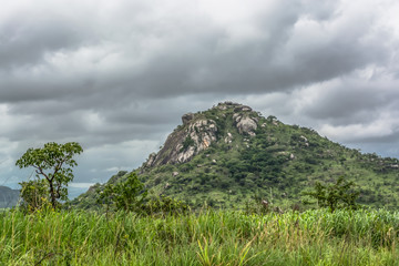 View with tropical mountain landscape, baobab and other trees and other types of vegetation, cloudy sky as background