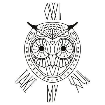 Ethnic style owl's head vector drawing. Poster with lettering . Isolated outlines