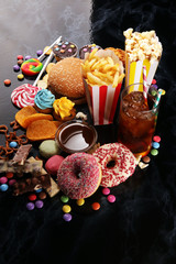 Unhealthy products. food bad for figure, skin, heart and teeth.