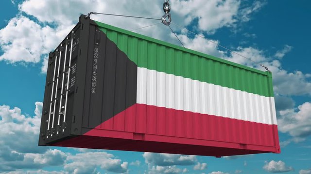 Loading cargo container with flag of Kuwait. Kuwaiti import or export related conceptual 3D animation