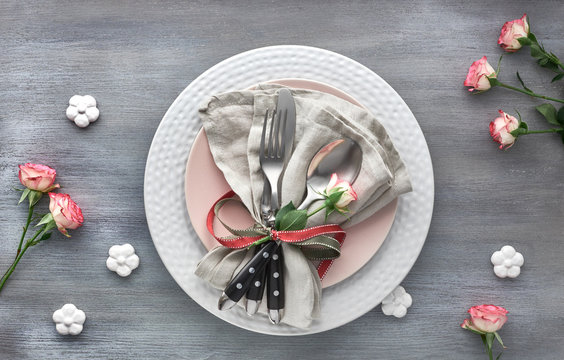 Valentine's Day, Birthday Or Anniversary Table Setup, Top View On Greybackground