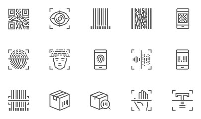 Identification, Recognition Vector Line Icons Set. Biometric Verification, Authentication Technology, QR Code, Barcode Scanning. Editable Stroke. 48x48 Pixel Perfect.