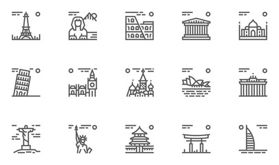 World Landmarks Vector Line Icons Set. France, Egypt, Italy, Greece, India, Britain, Russia, Australia, Germany, Brazil, America, China, Japan, Arab Emirates. Editable Stroke. 48x48 Pixel Perfect.