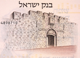 Lion's Gate on Israeli 5 pound (1973) banknote, Israel money close up.