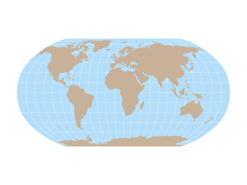 World Map in Robinson Projection with meridians and parallels grid. Brown land and blue sea. Vector illustration.