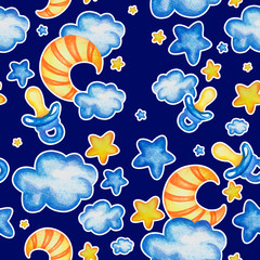 Seamless baby pattern with night sky with hand drawn watercolor elements star moon cloud and baby's dummy.