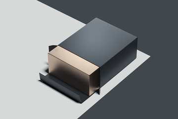Black cardboard box golden inside on monochrome background. 3d rendering.
