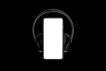 Headphones on mobile phone isolated on dark background. 3d rendering.