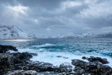 Norwegian Sea waves on rocky coast of Lofoten islands, Norway