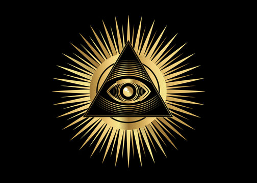 Sacred Masonic symbol. All Seeing eye, the third eye (The Eye of Providence)  inside triangle pyramid. New World Order. Gold icon alchemy, religion, spirituality, occultism. Vector isolated or black