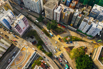 Hong Kong city. Cars, road. Morning. Aerial view of Kowloon - obrazy, fototapety, plakaty