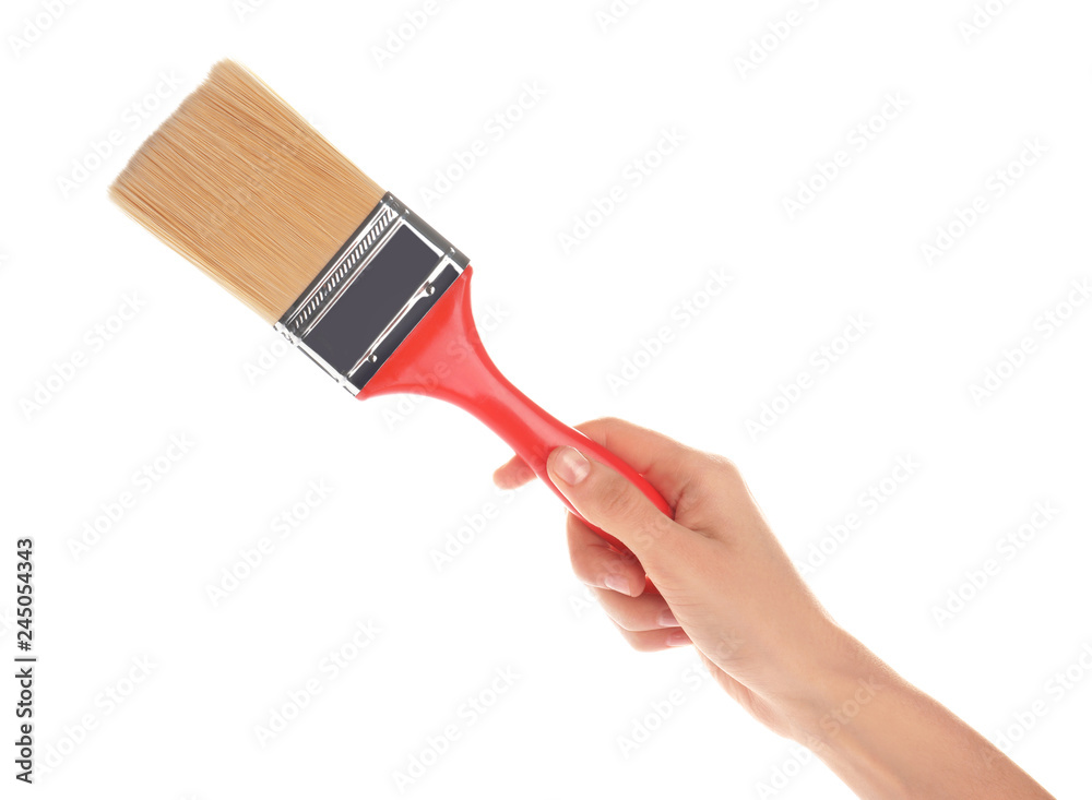 Canvas Prints Woman holding paint brush on white background, closeup