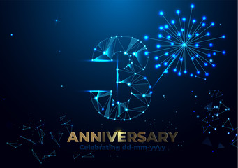 Anniversary 3. Geometric polygonal Anniversary greeting banner. gold 3d numbers. Poster template for Celebrating 3th anniversary event party. Vector fireworks background. Low polygon