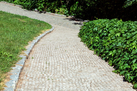 a walkway of square stone tiles with a granite curb for walking in a park with green grass and a foliage curly bush on the side of a sunny summer day.