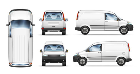 Set of realistic vector illustrations of mini van from different view. - obrazy, fototapety, plakaty