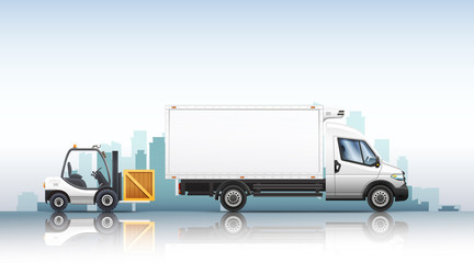 Conceptual vector illustration of truck and forklift on a urban background.