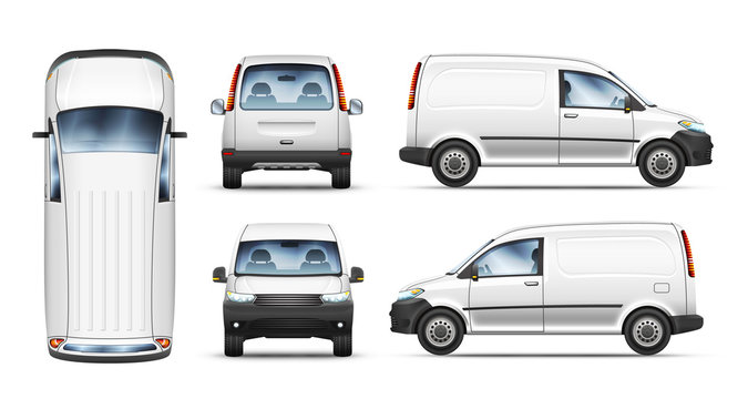 Set Of Realistic Vector Illustrations Of Mini Van From Different View.