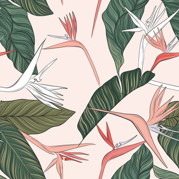 Flowers vector green pink tender summer illustration. Seamless beach design with exotic foliage texture. Hawaiian print.