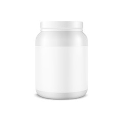 Vector Realistic 3d White Plastic Jar, Can with Lid Closeup Isolated on White Background. Design Template of Whey Protein, Sport Powder, Vitamins, BCAA, Pills, Caps for Mockup. Front View