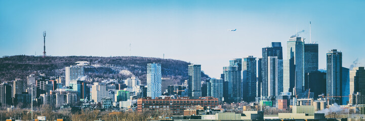 Montreal city skyline panorama of Quebec travel destination in Canada. Winter scenery background of...