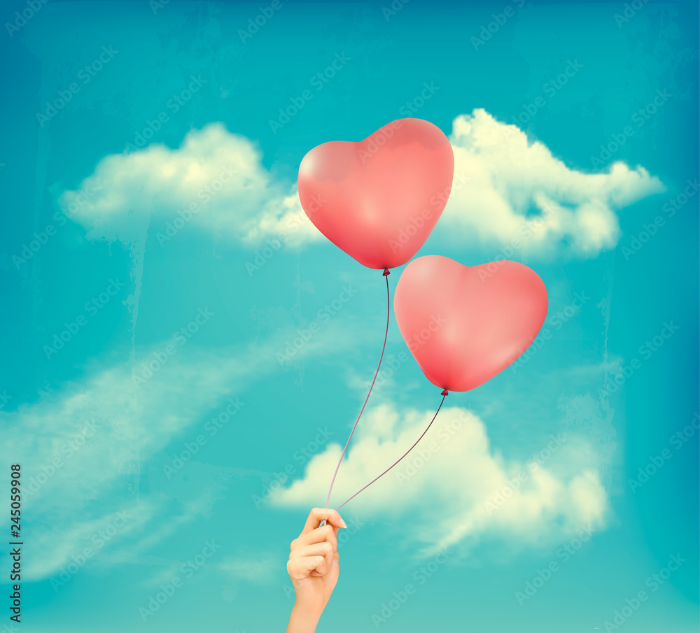 Poster valentine heart-shaped baloons in a blue sky with clouds. vector retro background