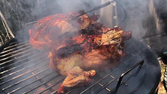 Placing a temperature probe into chicken cooking on a Bullet Smoker