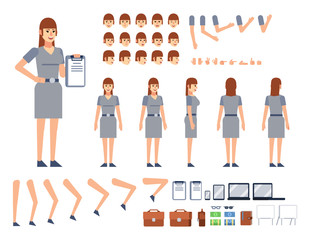 Woman creation kit. Create your own pose, animation. Diverse poses, gestures, emotions, design elements. Flat style vector illustration