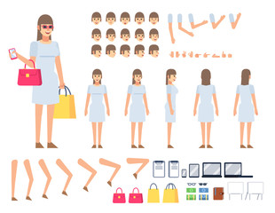 Woman character creation kit. Create your own pose, action, animation. Diverse emotions, gestures, design elements. Flat style vector illustration