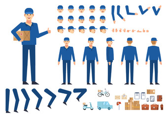 Courier, delivery man creation kit. Create your own pose, action, animation. Various emotions, gestures, design elements. Flat design vector illustration