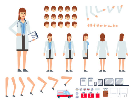 Female doctor in lab coat creation kit. Create your own pose, action, animation. Various emotions, gestures, design elements. Flat design vector illustration