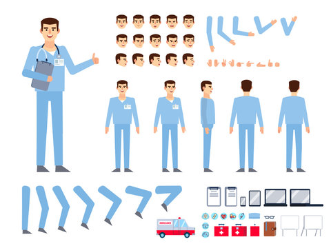 Doctor, male nurse creation kit. Create your own pose, action, animation. Various emotions, gestures, design elements. Flat design vector illustration