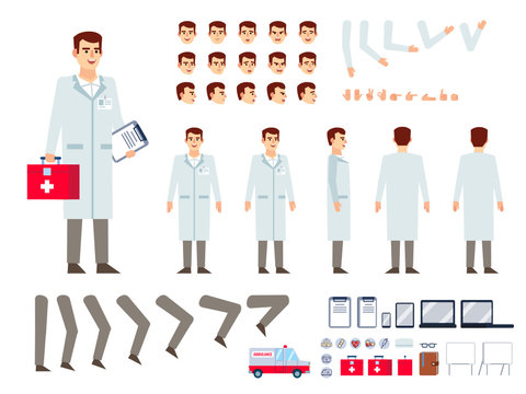 Doctor in lab coat creation kit. Create your own pose, action, animation. Various emotions, gestures, design elements. Flat design vector illustration