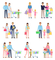 Fototapeta premium Group of people on shopping, happy family. Husband and wife on shopping with children. Flat design vector illustration