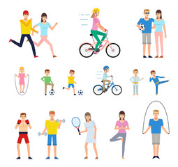 Fototapeta premium Group of people doing various sports. Family in park, man and woman running, kids doing sports. Flat design vector illustration