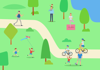 Obraz na płótnie Canvas People in park. Man running, woman riding bike, kids playing football. Family in park. Healthy lifestyle concept. Flat design vector illustration