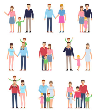 Set of family groups with kids. Various happy family members. Flat design vector illustration