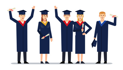 Group of graduate students at graduation ceremony. Cheerful graduates celebrate. Flat design vector illustration