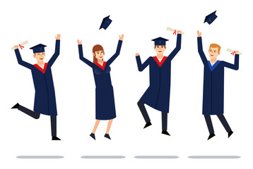 Group of graduate students at graduation ceremony. Cheerful graduates celebrate, jump, throw caps in air. Flat design vector illustration